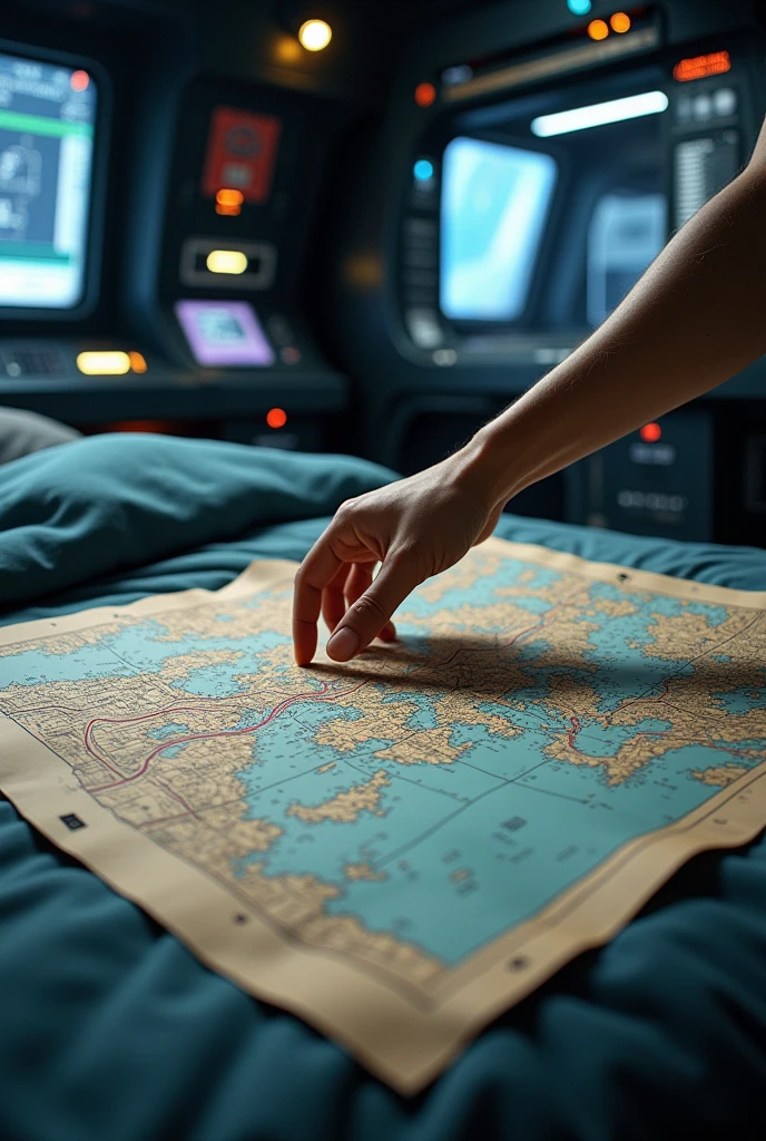 space ship, room with paper map of the ship's locations on the bed, arm reaching out to grab the map