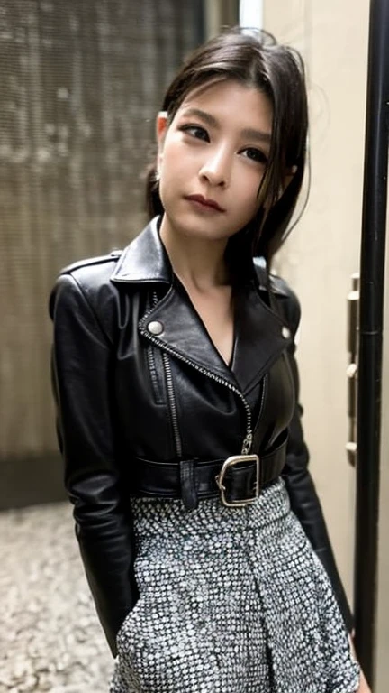 Highest quality,masterpiece,Ultra-high resolution,Black leather jacket、Black Leather Skirt、