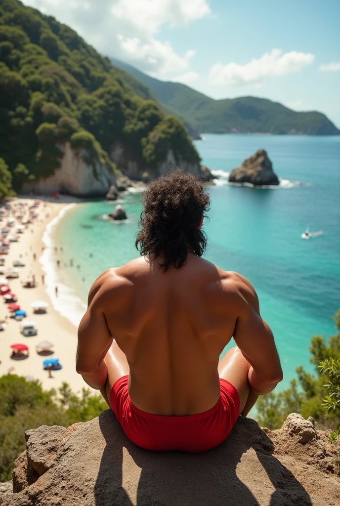 There is a strong, hairy, bearded mixed-race man in red underwear sitting on a rock at a lookout point at the end of a paved road with a privileged view just below a large lagoon of brown waters and a white sand beach with many people..