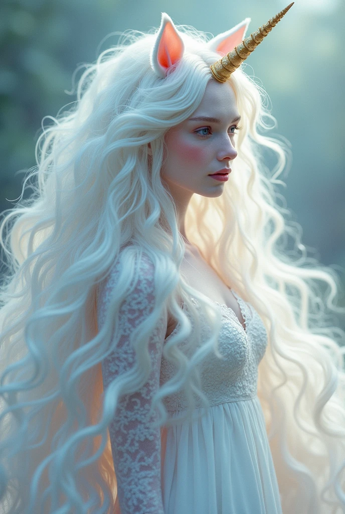 white girl as a unicorn with unicorn hair all over from head to toe full body.