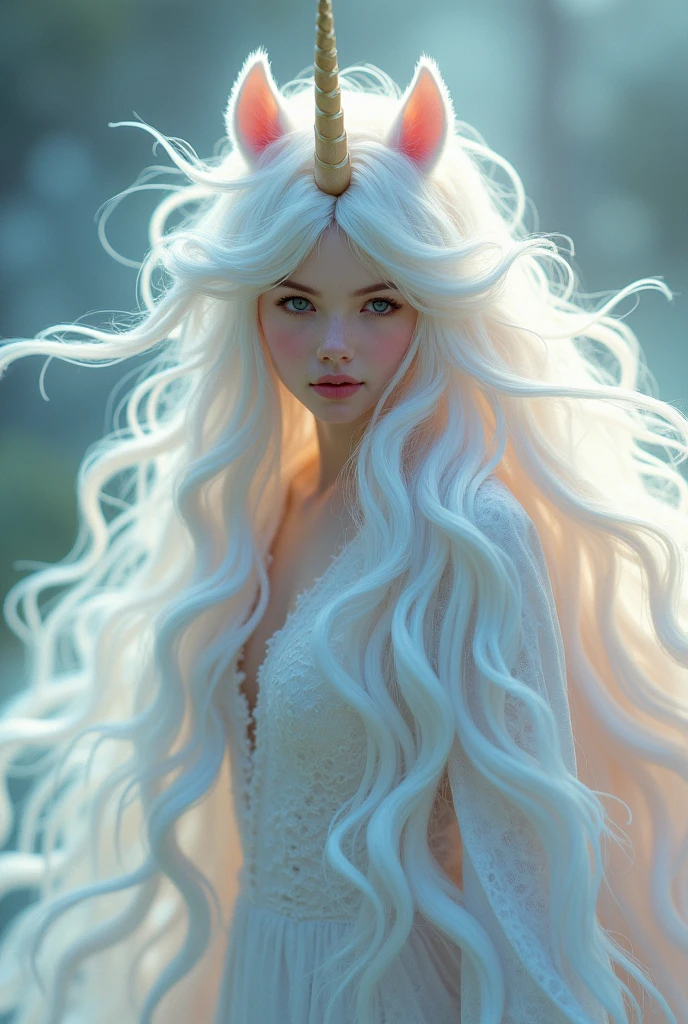 white girl as a unicorn with unicorn hair all over from head to toe full body.