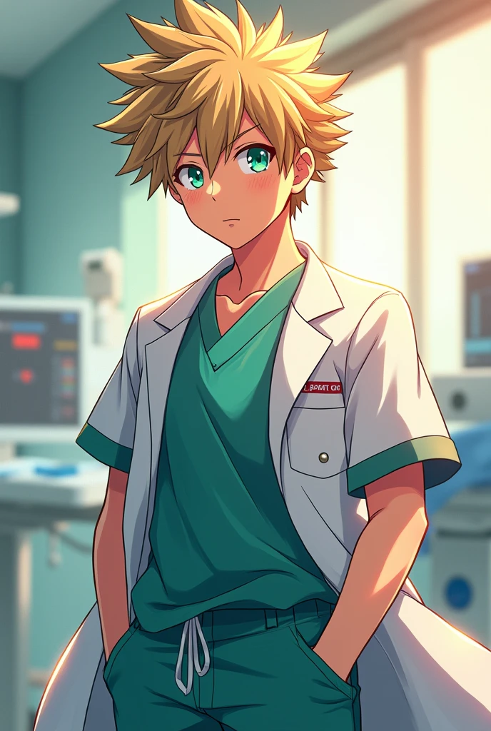 Anime art style, iconic Katsuki Bakugo, fierce determination evident in bright emerald eyes, 2 surgical intern, clad in light blue scrubs, pristine white lab coat draping elegantly over broad shoulders, meticulously detailed anatomy reflecting his explosive personality, dynamic pose emphasizing his readiness and confidence, tousled spiky ash-blonde hair radiating energy, hospital environment in soft pastel hues, sterile surgical equipment subtly blurred in background, floor-to-ceiling windows allowing warm natural light to illuminate scene, focused expression captures the intensity of his ambition, illustration balanced with vibrant colors and distinct line work typical of anime, character design retaining his signature features while adapting to the medical theme, intricate shading enhancing depth and highlighting key contours, soft glow surrounding him, creating an ethereal aura, composition centered on Bakugo, rule of thirds applied to enhance viewer engagement, artistically executed in a way that celebrates both his character and the medical profession, inviting viewers into a narrative that melds anime aesthetics with relatable career aspirations, capturing a moment of ambition and growth in his personal journey, rich color palette radiating warmth and professionalism while embodying Bakugo's bold spirit.