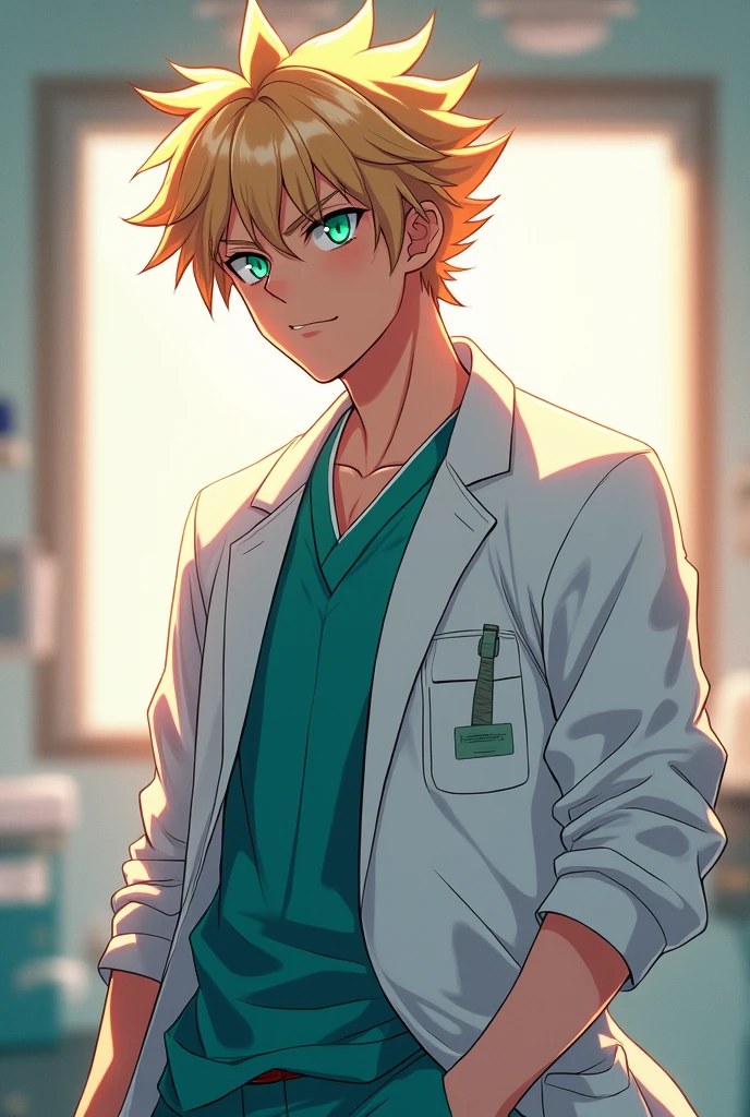 Anime art style, iconic Katsuki Bakugo, fierce determination evident in bright emerald eyes, 2 surgical intern, clad in light blue scrubs, pristine white lab coat draping elegantly over broad shoulders, meticulously detailed anatomy reflecting his explosive personality, dynamic pose emphasizing his readiness and confidence, tousled spiky ash-blonde hair radiating energy, hospital environment in soft pastel hues, sterile surgical equipment subtly blurred in background, floor-to-ceiling windows allowing warm natural light to illuminate scene, focused expression captures the intensity of his ambition, illustration balanced with vibrant colors and distinct line work typical of anime, character design retaining his signature features while adapting to the medical theme, intricate shading enhancing depth and highlighting key contours, soft glow surrounding him, creating an ethereal aura, composition centered on Bakugo, rule of thirds applied to enhance viewer engagement, artistically executed in a way that celebrates both his character and the medical profession, inviting viewers into a narrative that melds anime aesthetics with relatable career aspirations, capturing a moment of ambition and growth in his personal journey, rich color palette radiating warmth and professionalism while embodying Bakugo's bold spirit.