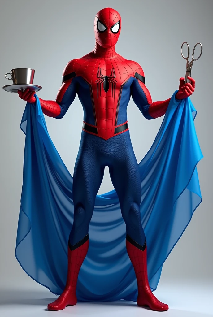 (photorealism:1.2), Spider-Man, standing, holding, blue silk fabric on both hand, 1 hand holding silver cup, other hand scissors. Realistic
