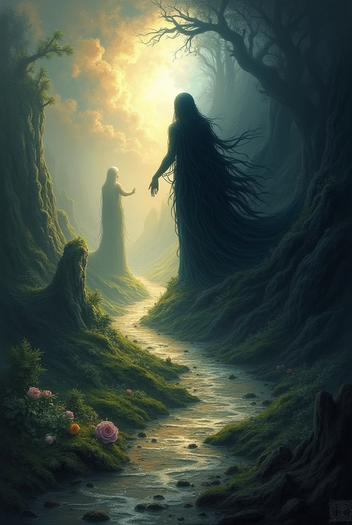 Create two different and separate paths, a path of light, peace and kindness and a dark path, black and dark