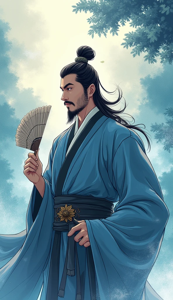 Zhuge Liang, a famous military strategist from the Three Kingdoms period.（Kong Ming）It looks like an anime-style illustration of。Style is thick paint texture、Very delicately drawn。Zhuge Liang is、He is traditionally depicted as a wise man with a gentle expression.、In his hand he holds his symbolic feather fan.。The costumes are traditional Chinese attire.、Its distinctive blue and white colour scheme。