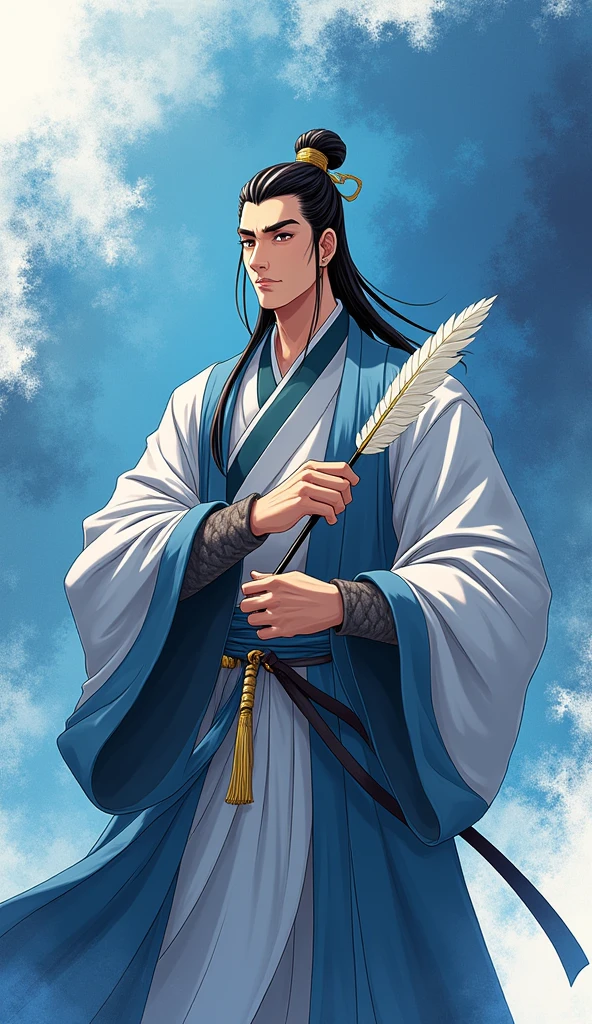 Zhuge Liang, a famous military strategist from the Three Kingdoms period.(Kong Ming)It looks like an anime-style illustration of。Style is thick paint texture、Very delicately drawn。Zhuge Liang is、He is traditionally depicted as a wise man with a gentle expression.、In his hand he holds his symbolic feather fan.。The costumes are traditional Chinese attire.、Its distinctive blue and white colour scheme。
