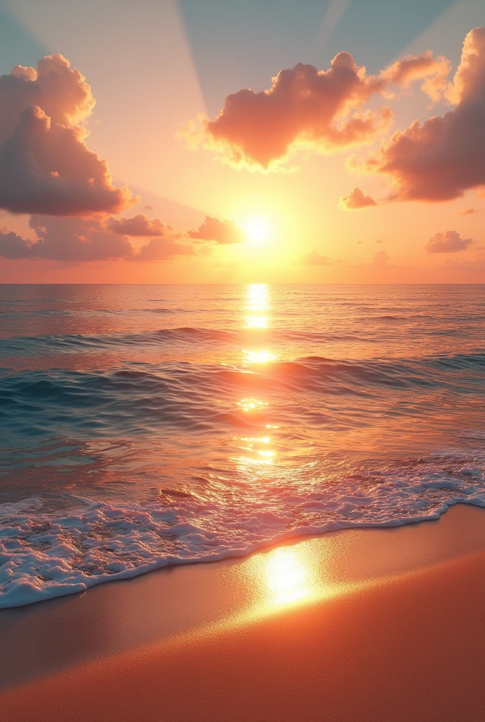 (photorealism: 1.2), photo realistic in the sea with sand and sun reflections sunset