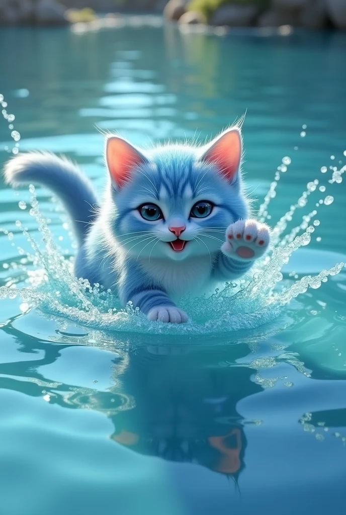 um gato de water , brincando na water   ,water , bonitas, blue-haired 