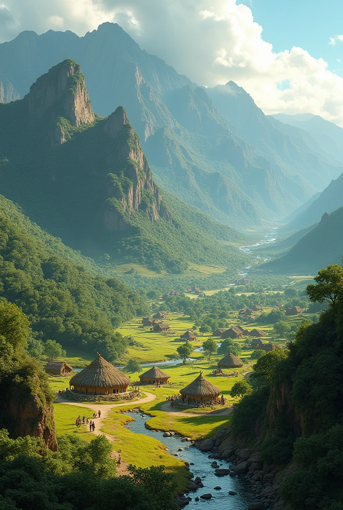 Please generate a landscape of the municipality of Arcabuco Boyacá as it was in pre-Columbian times, muisca chibcha culture, mountains, we stop, adobe huts