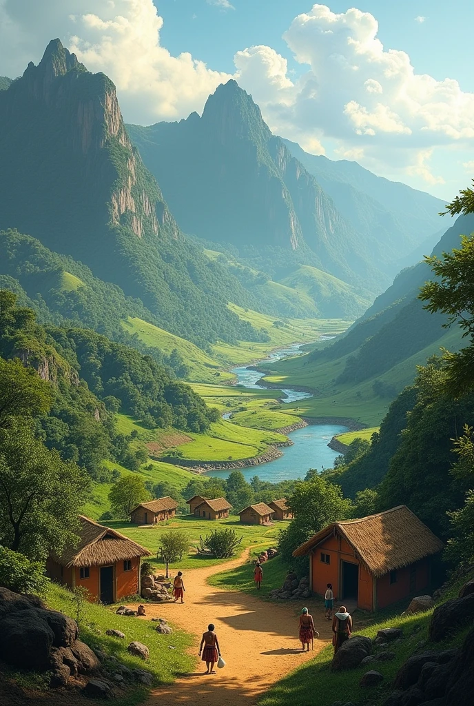 Please generate a landscape of the municipality of Arcabuco Boyacá as it was in pre-Columbian times, muisca chibcha culture, mountains, we stop, adobe huts