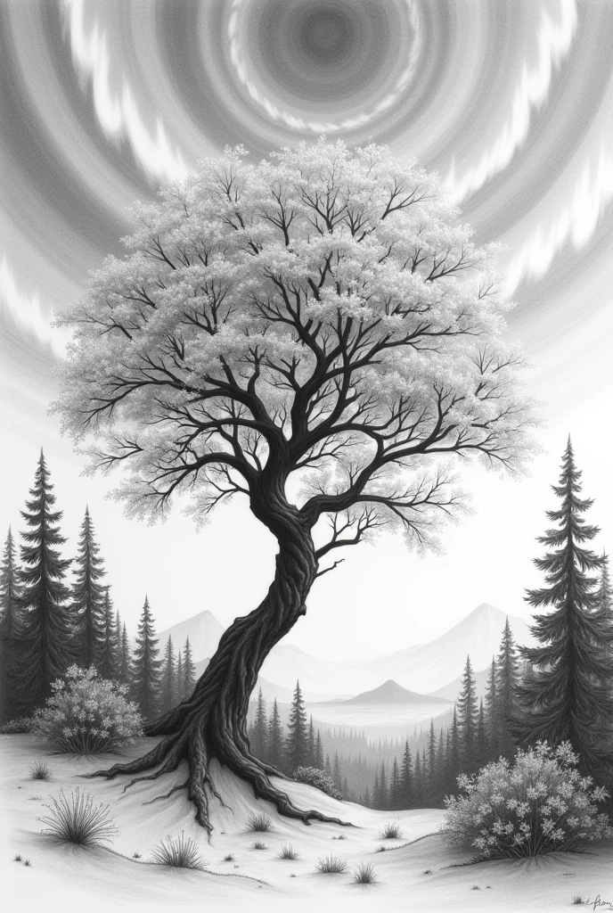 Create a drawing where there is a background with auroras and also flowers coming out of a tree but a drawing that is in pencil without color is prettier