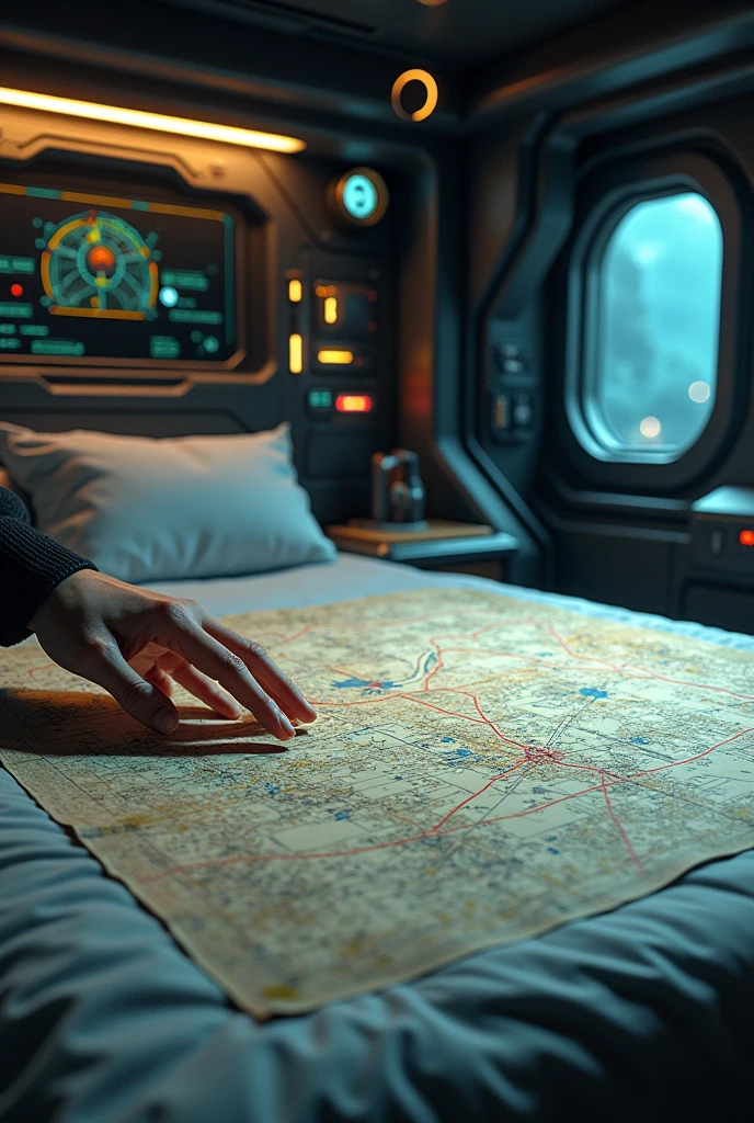 space ship, room with paper map of the ship's locations on the bed, arm reaching out to grab the map