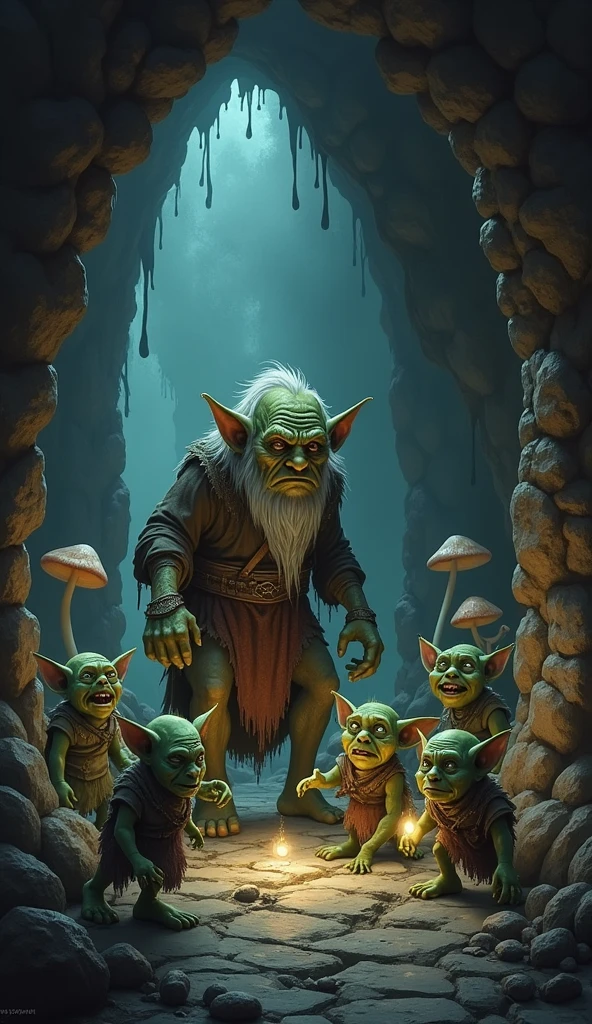 In the cave,Small male goblins, goblin in the form of an ancient man
