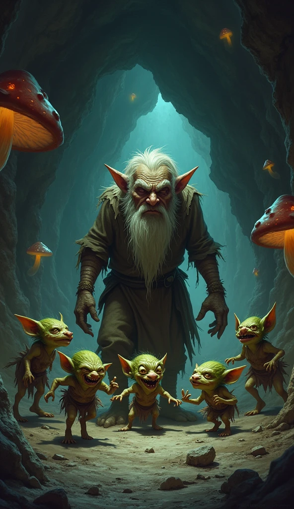 In the cave，Small male goblins, goblin in the form of an ancient man