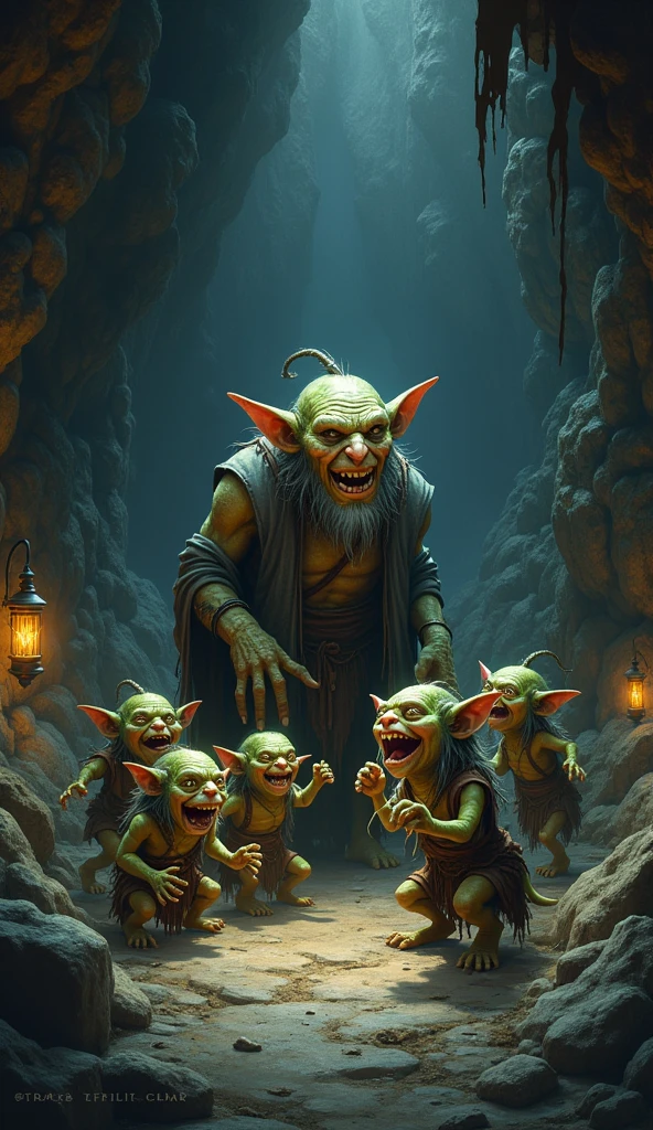 In the cave,Small male goblins, goblin in the form of an ancient man