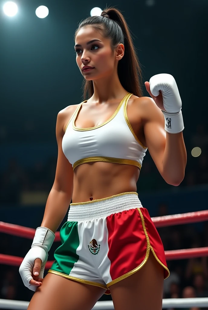 Make a boxer costume with a white top with gold trim, white shorts with a high gold elastic band, and I also want it to have a design with the Mexican flag on the shorts on one side of the shorts. For women