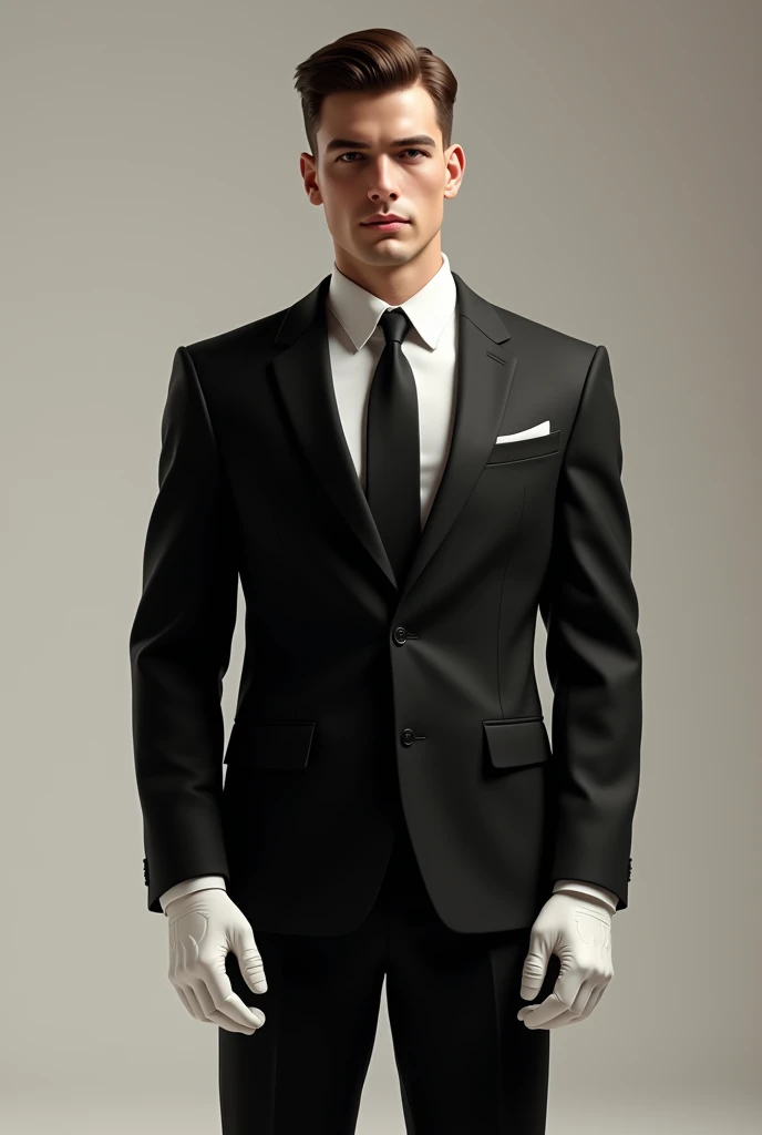 (photorealism) handsome bown haired man wearing a black suit standing with an erection wearing a pair of white gloves