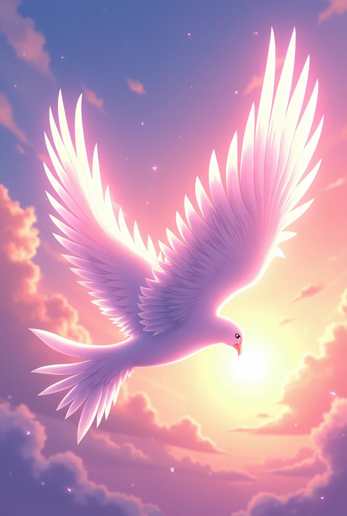 Radiant anime-style wings, sprawling feathers with intricate details, vibrant color gradients of azure and lavender, ethereal glow radiating from the wing edges, delicately shimmering textures, wings spread in a graceful arc, reflecting the brilliance of a summer sunset, dynamic composition, foreground focus on the wings, allowing for a sense of movement, surrounded by wisps of clouds and sparkles of light, creating an enchanting atmosphere, background featuring a dreamy sky blending shades of pink and orange, conveying a sense of boundless freedom and adventure, serene yet uplifting mood, gentle breeze captured through the subtle flutter of feathers, captivating light play adding depth, invoking a feeling of flight and liberation, crisp profiles of each feather defined by anime art style, bold outlines and vibrant colors enhancing the dramatic impact, meticulous attention to detail in feather patterns, delicate highlights reflecting the soft glow of the sun, inspiring a sense of wonder and tranquility, intricate visuals resembling a high-quality illustration from a renowned anime series, showcasing the beauty of nature and the magic of flight, executed in a dynamic anime style with smooth gradients and clean lines, ensuring a visually stunning representation.