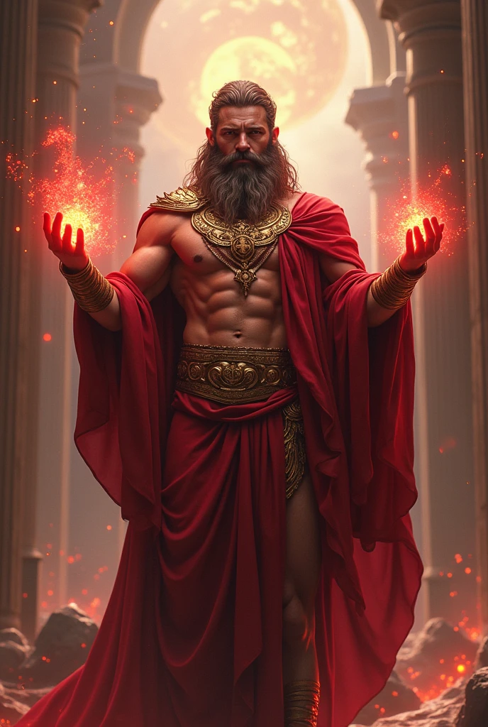 generate a Greek god with social networks in his hands with red details