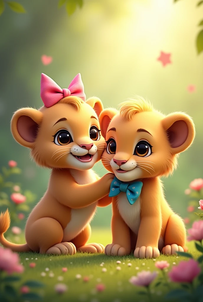 Create two cute lion kids one wears a pink bow on his head and the other wears a blue tie ,