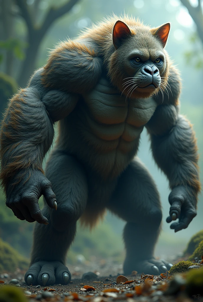 Mix of Cat and Gorilla at one creature , creature mixed between cat and gorilla, big gorilla with cat face and cat arms