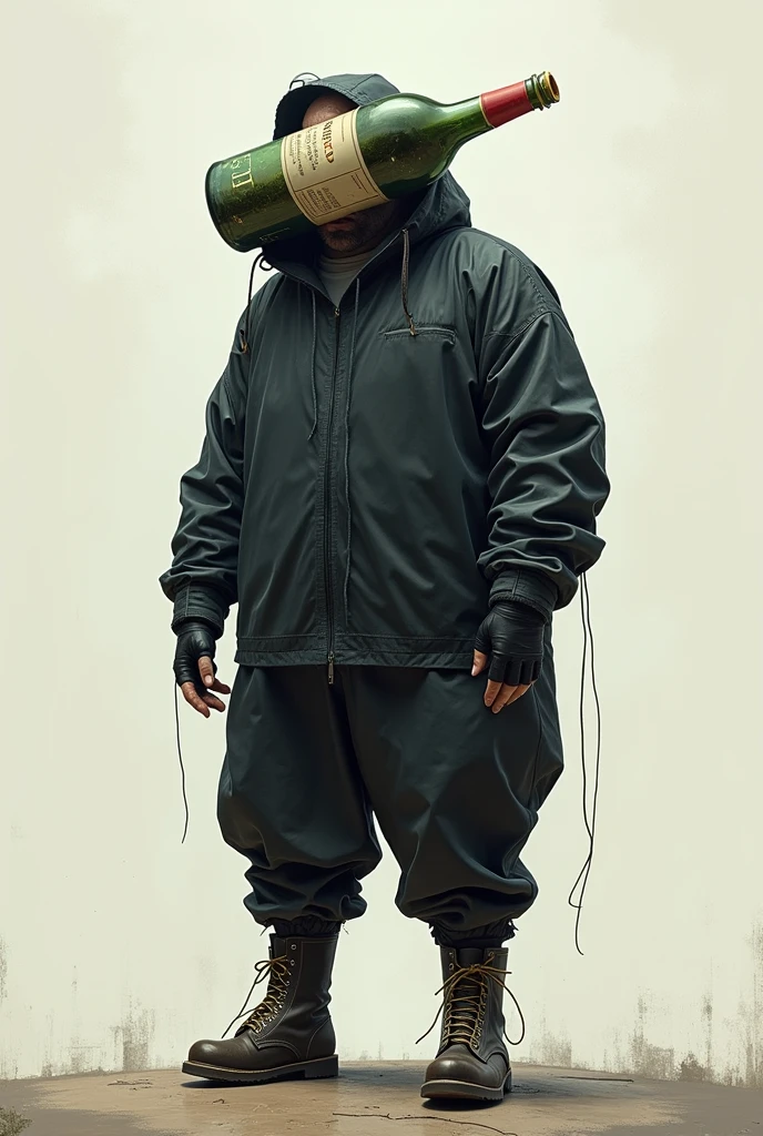 Make a 2d image of a homemade suitor who has a bottle cut into his head with aluminum with a black garbage bag as a suit, some boots and some gloves
