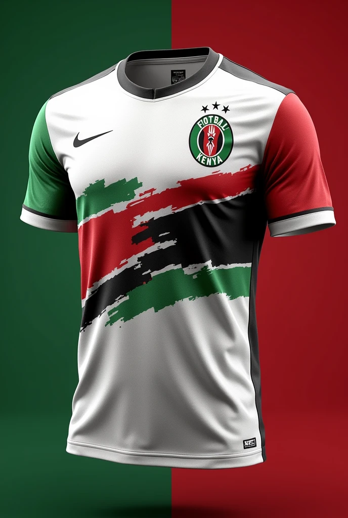 White stars themed national football team jersey using white, red, black and green colours with a faint lion head watermark and FKF logo