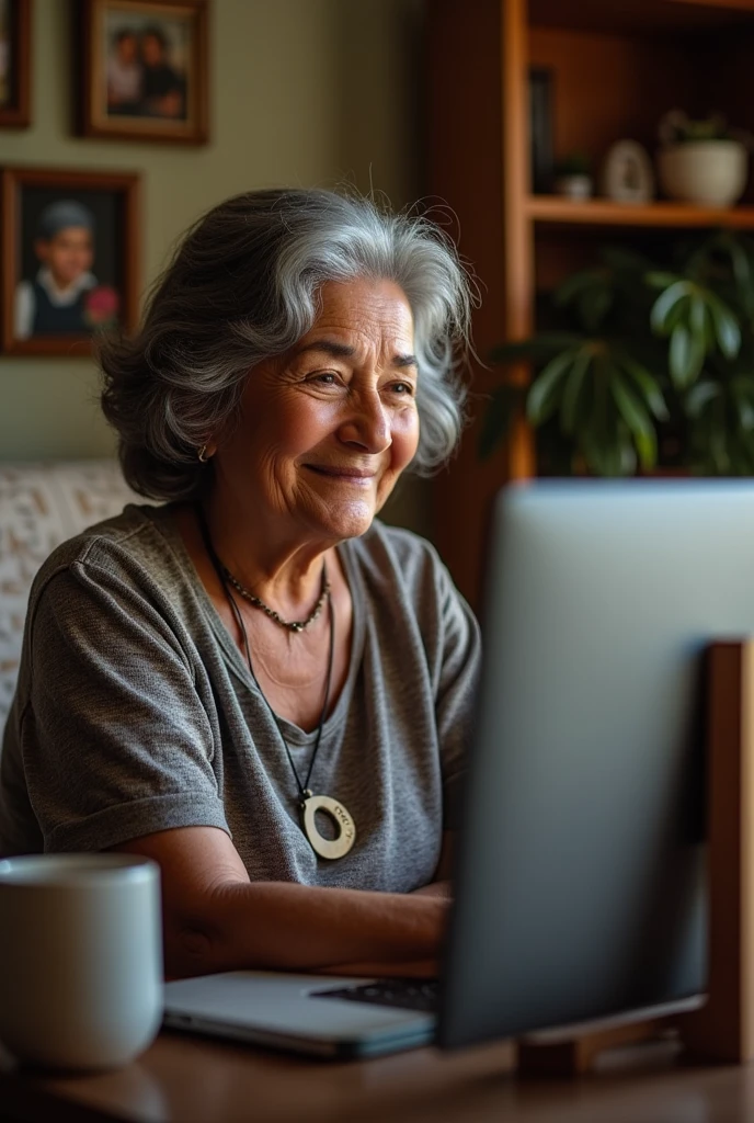 I would like an image of a lady of about 60 years of Salvadoran origin sitting in the living room of her house, a middle-class family's house, talking on a video call with her son in the United States.