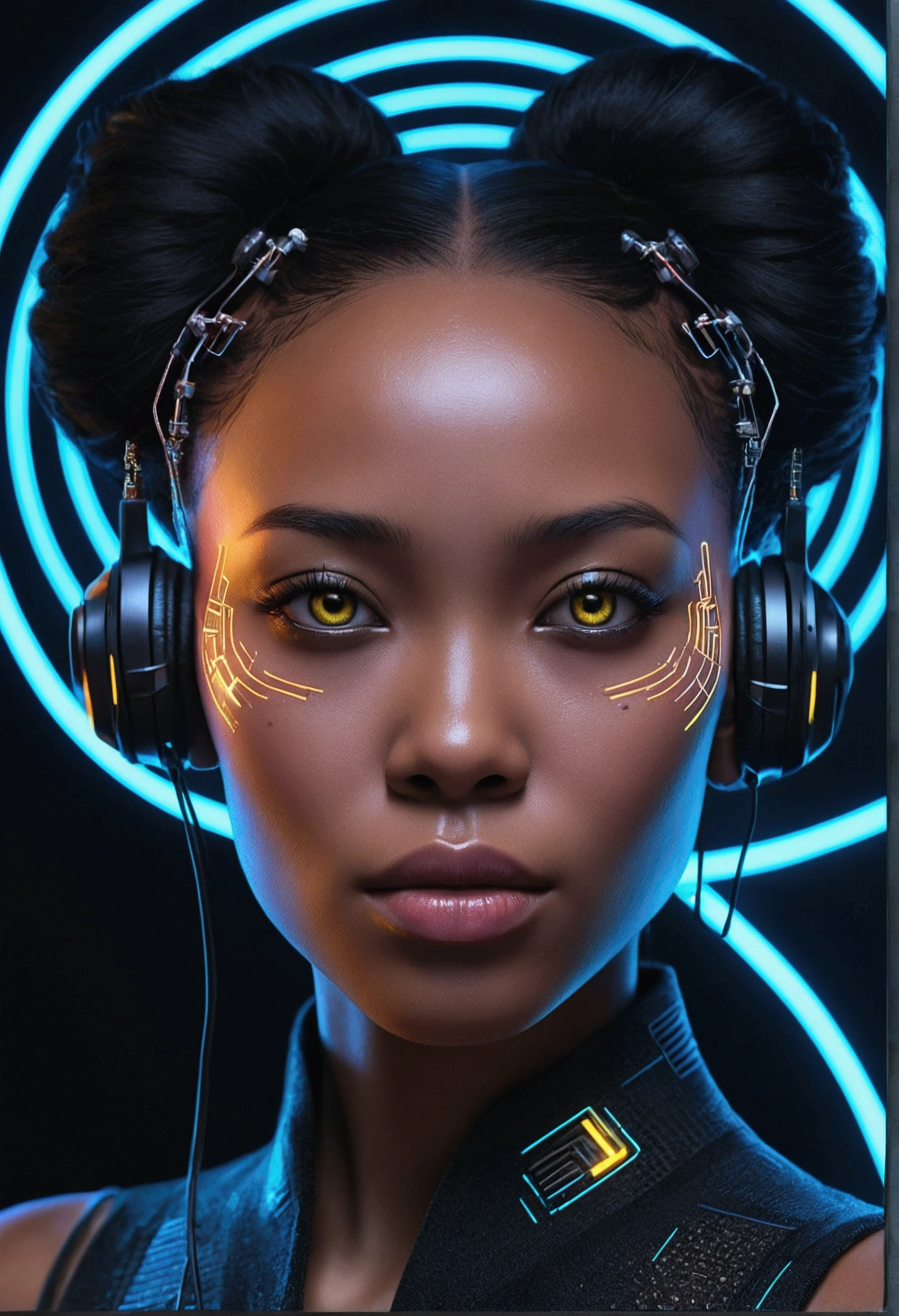 A music cover depicting a black woman with Asian features who looks almost human, but it is clearly artificial, made by AI. The image must have a futuristic and cyberpunk aesthetic. The woman is beautifully detailed, with realistic face and features, but there are subtle signs of its artificiality, as visible circuits under the skin, glowing eyes or a digital glitch effect on part of your face. The background should be dark and moody, with a mix of neon lights and technological elements, creating a sense of high-tech world. The overall tone should evoke a sense of something that is both beautiful and disturbing., emphasizing the idea that it is not real, but rather a creation of artificial intelligence.
