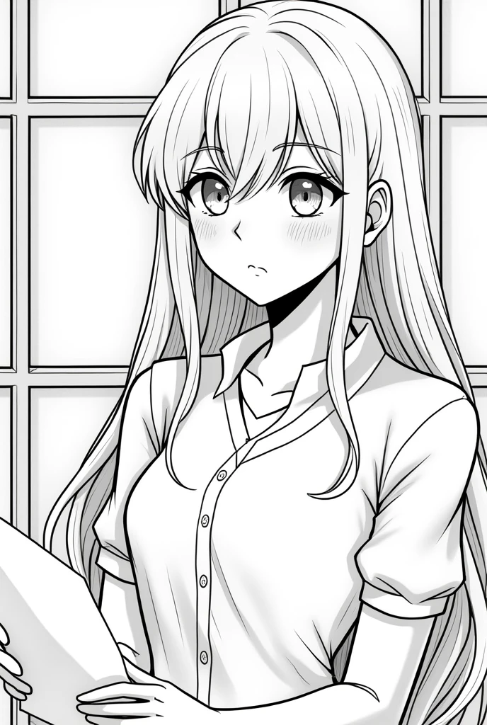 Coloring pages for adults, pretty girl, smile, Bust shot close-up, Studying in the classroom, In the style of anime/manga, Rounded lines, high detail, Abstract shape background, black and white, with out shading, --If 9:16