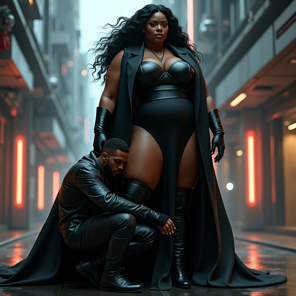 (photorealism:1.2)  cyber realistic 
beautiful ebony plus size dark brown skinned tone melanin women, with long flowing black hair bbw plus size curvaeous woman radiating authority ,A woman in long boots, black dress and black gloves holding another kneeling white man in formal clothes on a leash,
