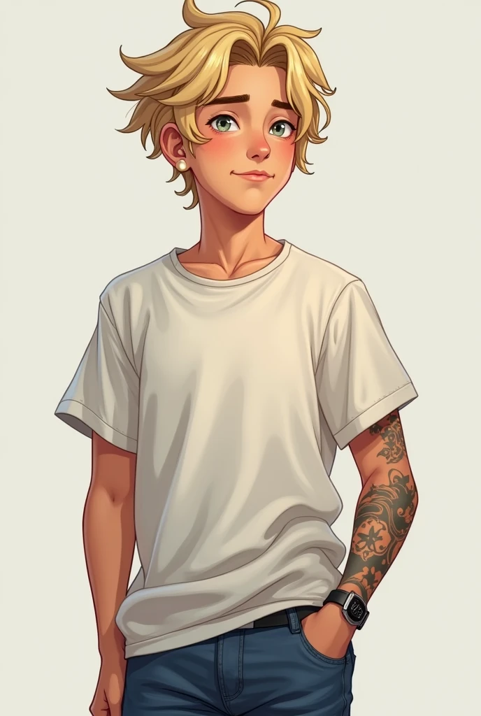 Kai is a young teenager with a fairly well-built figure.. It's clear to me, blond włosy, which are slightly tousled and reach the eyebrow line. His face is delicately outlined, z wyrazistymi rysami i jasną cerą. The facial expression is calm and confident, and the eyes seem to be a light shade, probably gray or blue. He has an earring in his left ear.. He usually wears T-shirts, and jeans. There is also a tattoo on his left hand..