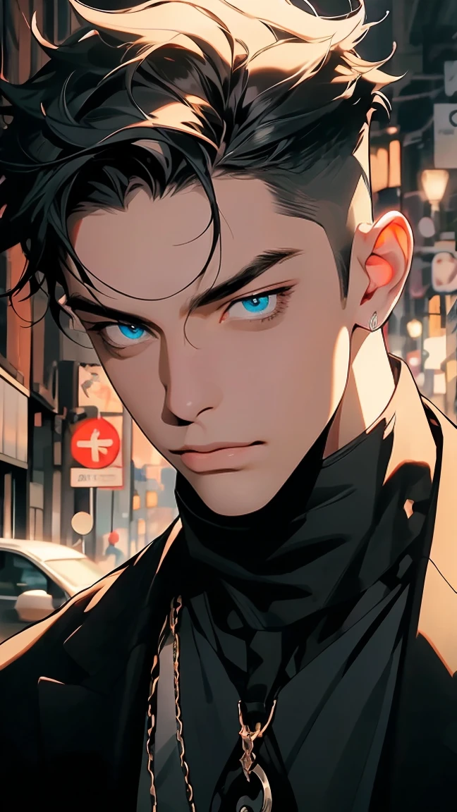 highest quality, 8K, high resolution image, anime style Jujutsu Kaisen, (Wriothesly/Genshin Impact), detailed strokes, bored look, blurry, purple light reflecting from it, 1 man, young, male, model, Hand in pocket, Cool guy, multicolored background with different geometric shapes, around stickers, muscular, black hair, Hairstyle: undercut, aqua eyes, multicolored hair, gray hair, hair between eyes, highlighted hair, puffy chest. He is wearing a white Collared shirt, sleeves rolled up, and black sweatpants, gold link chain, Hand in the Pocket, background: he is standing, big city, streets, park, people, blue sky, cars, bicycle