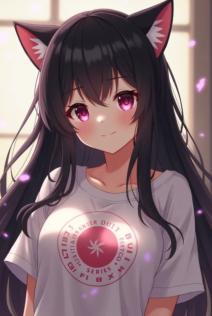 Girl looking up at the camera and smiling. Black long hair and cat ears. Small frame but big boobs, no bra loose t shirt with hentai logo on it. 