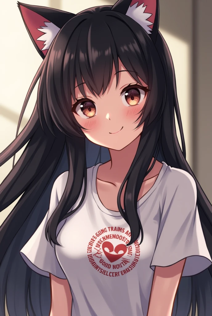 Girl looking up at the camera and smiling. Black long hair and cat ears. Small frame but big boobs, no bra loose t shirt with hentai logo on it.