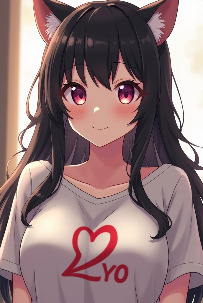 Girl looking up at the camera and smiling. Black long hair and cat ears. Small frame but big boobs, no bra loose t shirt with hentai logo on it.