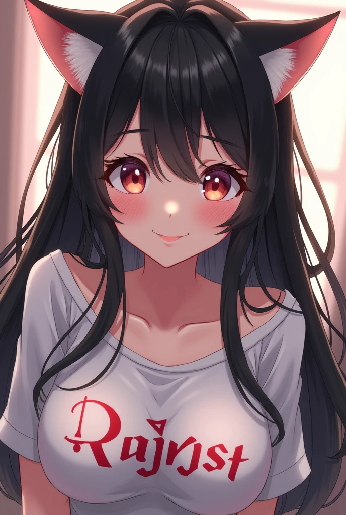 Girl looking up at the camera and smiling. Black long hair and cat ears. Small frame but big boobs, no bra loose t shirt with hentai logo on it. 
