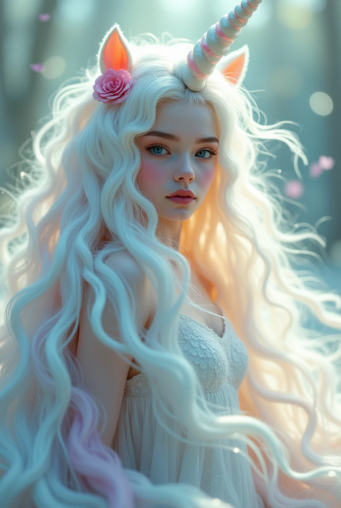 white girl as a unicorn with unicorn hair all over from head to toe full body.