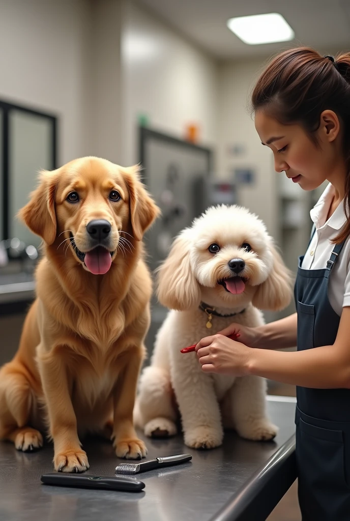 Make a picture of two dogs being groomed