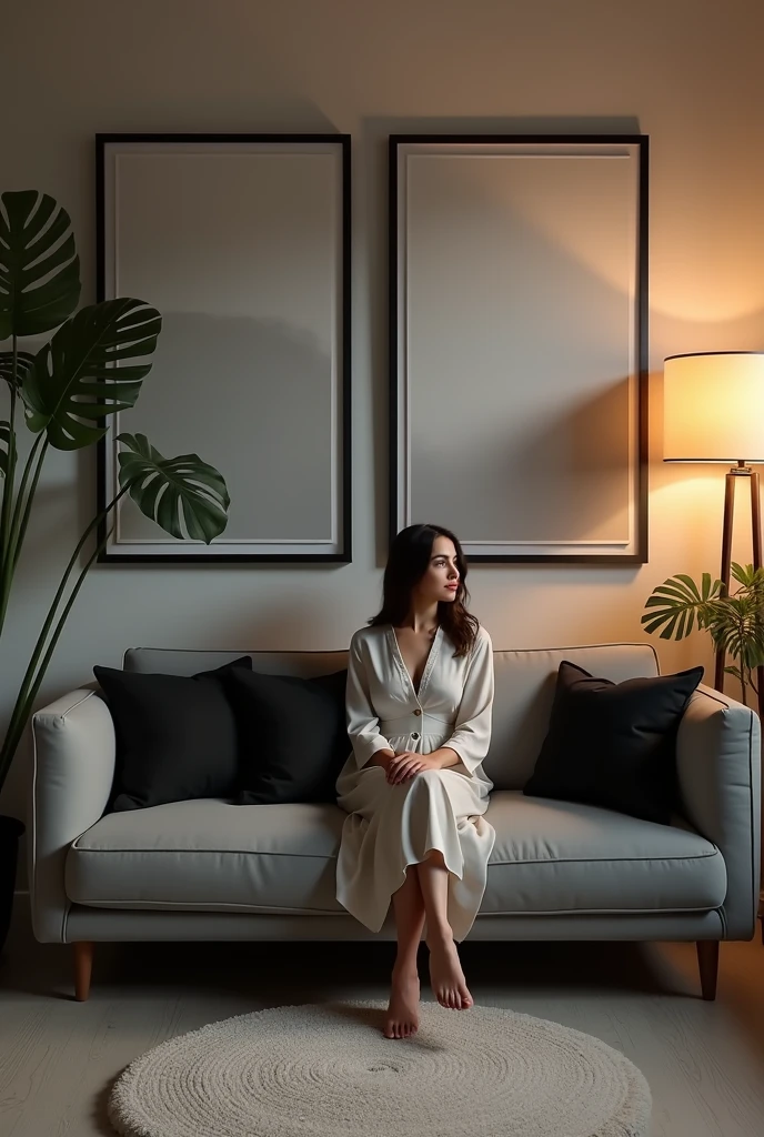 A Brazilian woman sitting on the sofa ,on the wall two paintings measuring 60 cm by 80 cm on the wall above the modern gray sofa with black cushion
, small, well-lit apartment room with flowers, carpet and lamp seen from the front



