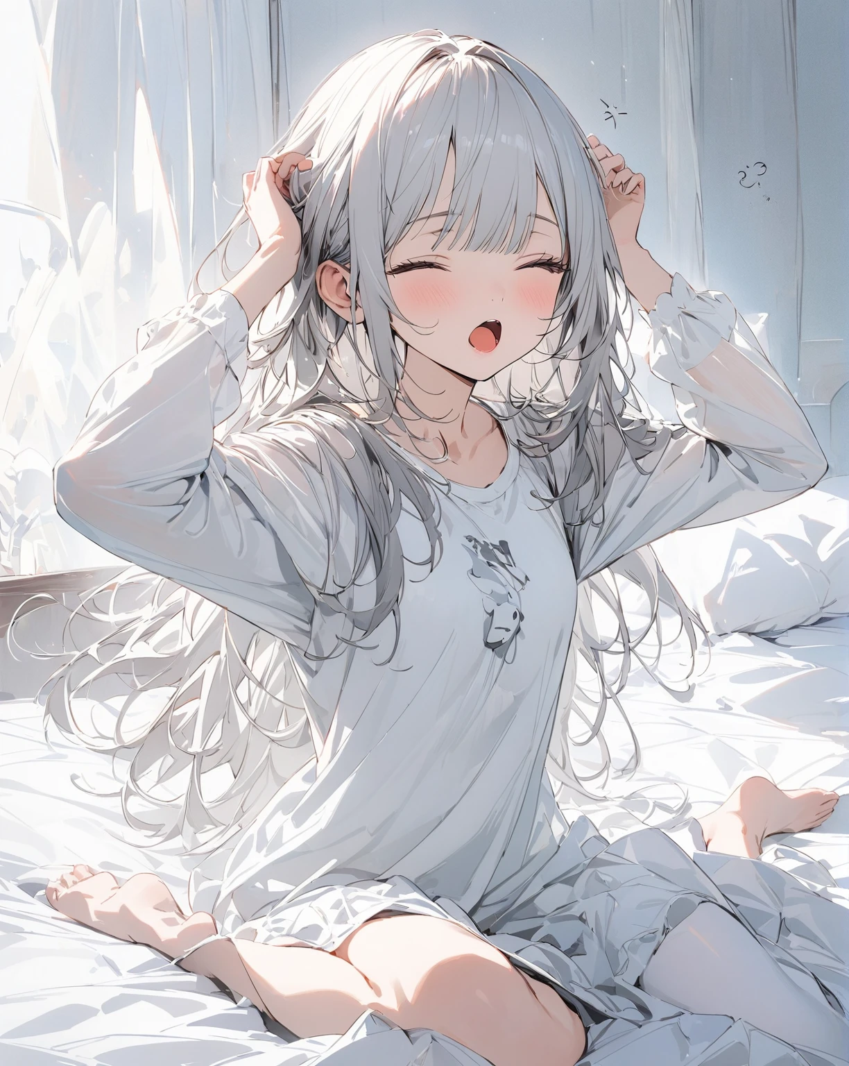 A slim girl with short bangs and long silver hair sitting on the bed, raising her arms and yawning with a sleepy face, conceptual art, masterpiece, super detail, attention to detail, high quality, highest quality, high resolution
