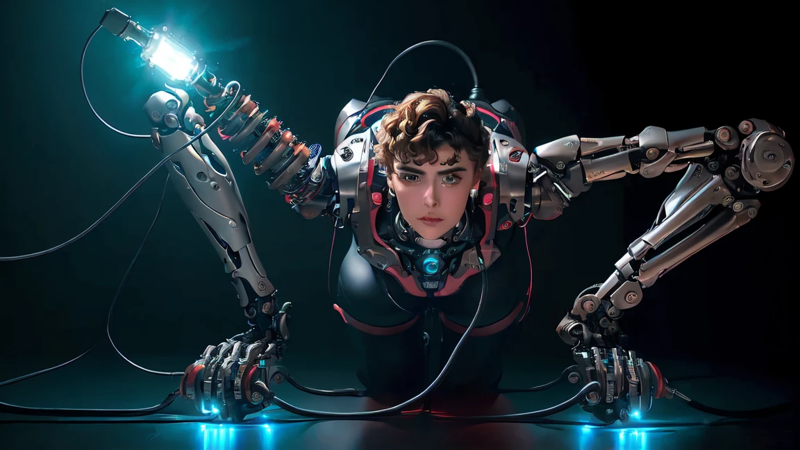 of the highest quality, masterpiece, ultra-high-resolution, ((fotorrealista: 1.4), Foto RAW, 1 Stefania Ferrario, loira, Big , big booty, Cyberpunk, pele brilhante, 1 mechanical girl, (detalhes super realistaachanical limbs, Pipes connected to mechanical parts, mechanical vertebrae adhered to the spine, mechanical cervical attachment to the neck, wires and cables connecting to head, Evangelion, Fantasma na Concha, Small bright LED lamp, global ilumination, Sombras profundas, octane rendering, 8k, ultrasharp, metal, Intricate details of the decoration, Detalhes do estilo barroco, Detalhado alto intrincado, Luz realista, CG Trend, in front of camera, Neon details, (Android Factory em segundo plano), arte por H.r. Giger e Alphonse Mucha. 、Grande suave、Humanos altamente fotorrealistas、Pupilas perfeitamente redondaore About Iris' Amazing Student、adolescente branco、The baby's face slightly、um rosto pequeno、Very human skin feel、リアルAreola、(The area around the navel is completely exposed,、Raw skin is visible)、fenda、uma de 、Esbian de corpo inteiro、Eight-headed body that looks fully human、rosto humano、com um rosto redondo、(Nem um olho esmagador)、Peitos G-cup em forma de foguete、looking at the camera、