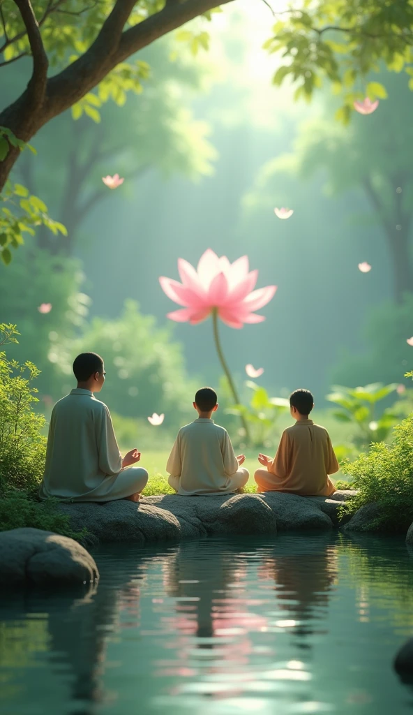 Create a 3D animation where the disciples are sitting peacefully by the edge of the pond, meditating. The lotus flower is in full bloom in the background, with a soft, glowing aura around it. The animation should include subtle details like floating leaves and gentle water movements, enhancing the peaceful and meditative atmosphere.