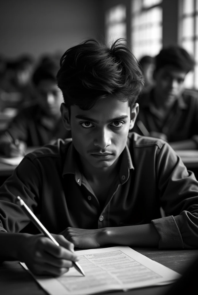 A 17-2 boy is sitting in a classroom and reading the question paper and his eyes on the question paper. there are 30 to 40 other people behind him. And the scene is blurred. indian environment. And it is dark and black and white.