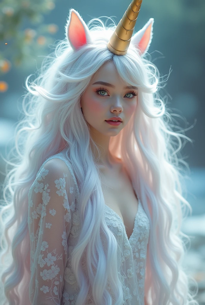 white girl as a unicorn with unicorn hair all over from head to toe full body.