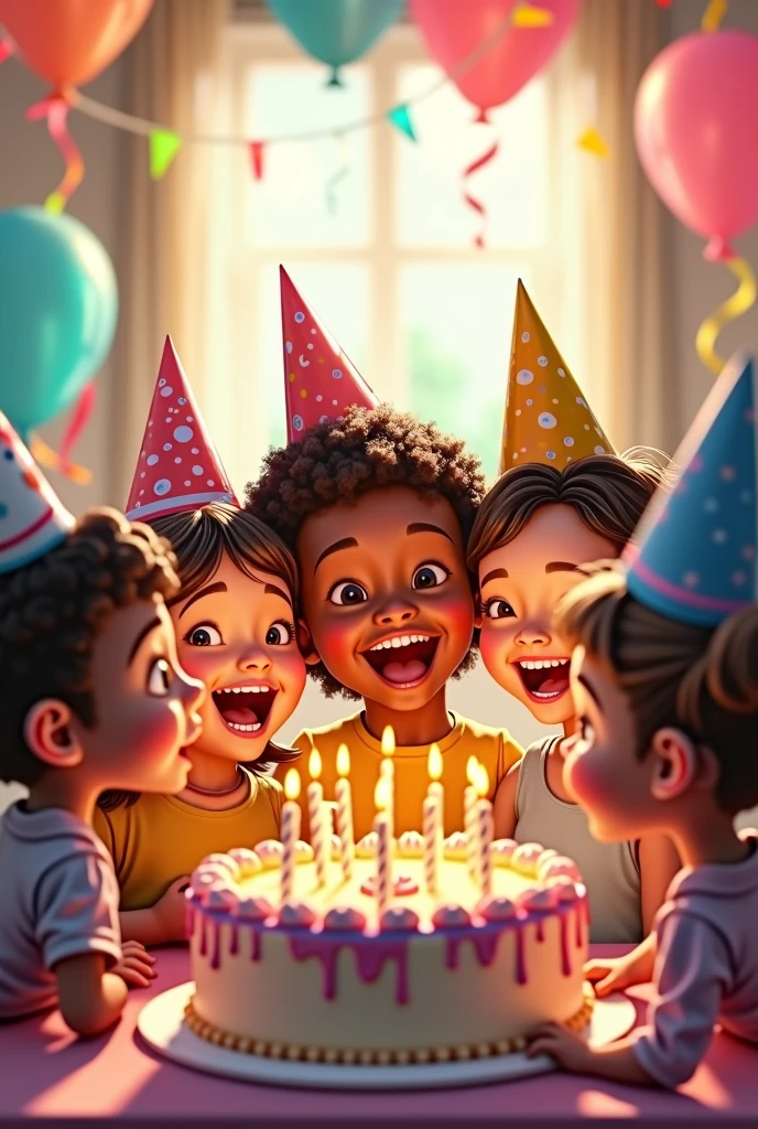 A group of 6 children, some with brown skin and some with white skin, are gathered in a brightly lit room. They are all wearing party hats and holding balloons, and there is a large birthday cake in the center of the room. The children are all smiling and laughing, and the room is decorated with colorful streamers and balloons. The general mood is one of joy and celebration. (Be careful when creating eyes and mouths.)
