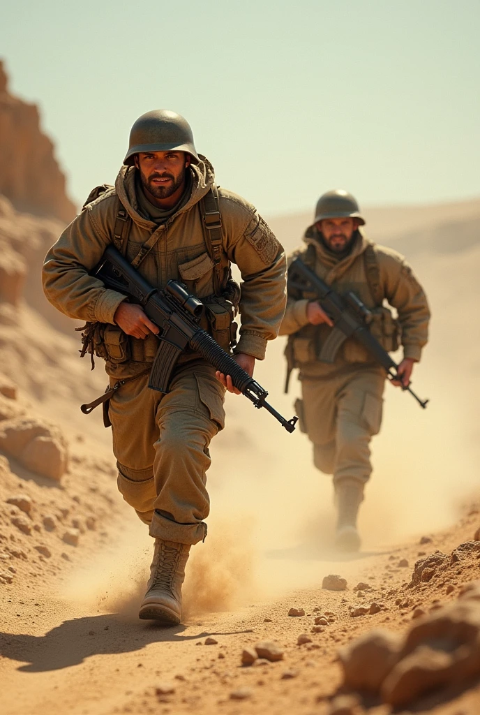 Two soldiers fleeing from guerrillas in a desert area.