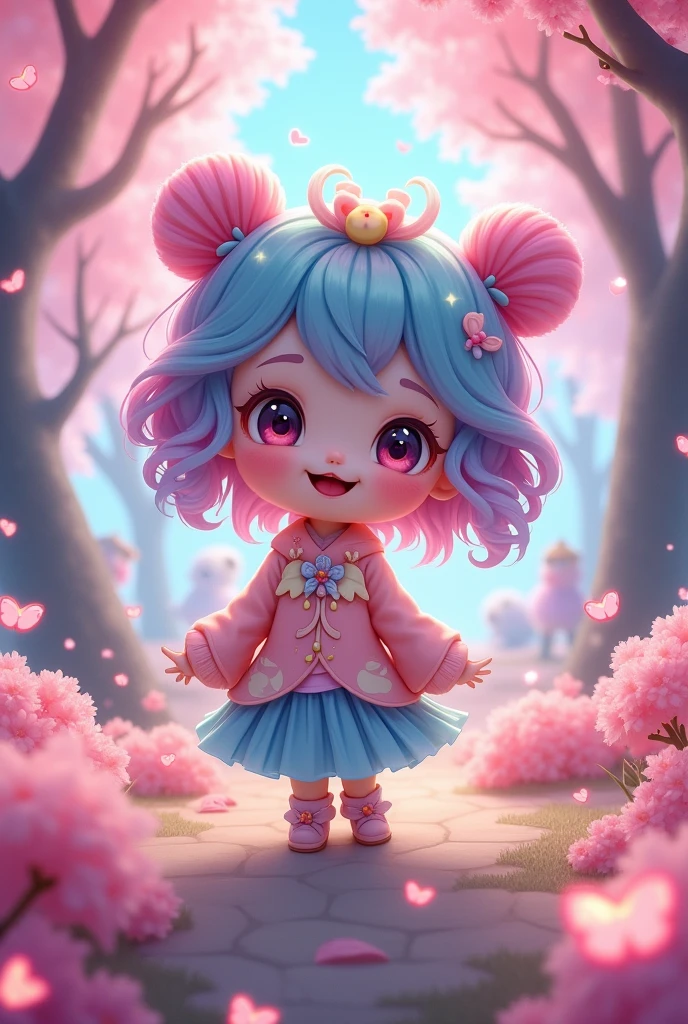 Charming anime character Wuwu, large expressive eyes filled with wonder, whimsical pastel-colored hair cascading in vibrant curls, intricately designed outfit embellished with cute motifs and flowing fabrics, posed amidst a fantastical landscape, sparkling cherry blossom petals drifting through the air, luminescent flowers glowing softly in shades of pink and azure, enchanting forest backdrop with towering, softly lit trees, magical creatures peeking through the foliage, capturing a sense of playfulness and whimsy, composition focused on Wuwu's delighted expression radiating warmth and joy, soft diffused lighting enhancing the ethereal quality of the scene, serene atmosphere enveloping the character, gentle swirls of pastel colors in the sky, creating a dreamy ambiance, detailed artistic style reflecting high-quality anime aesthetics, meticulously crafted features and flowing lines contributing to the overall harmony of the composition, captivating the audience's gaze with an air of enchantment and appeal, rendered in high resolution to showcase intricate details and vibrant colors, immaculate attention to detail drawing viewers into a world of fantasy and creativity.