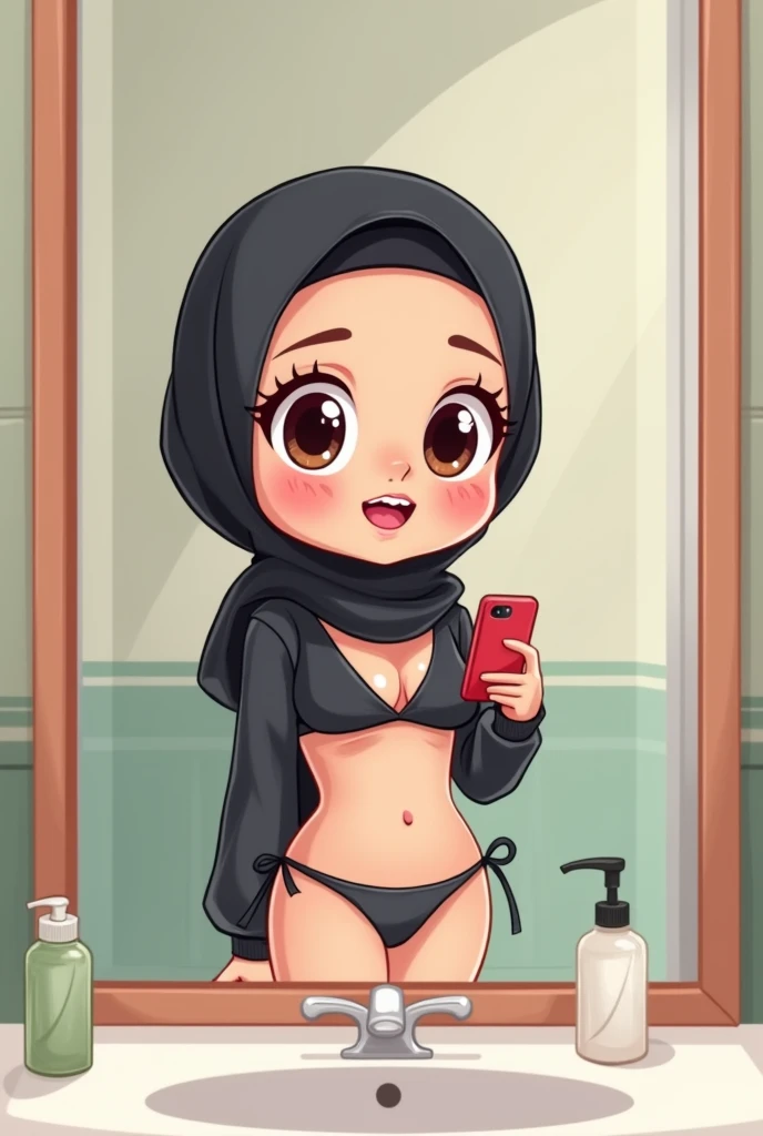 Cartoon with text: 
Cute and adorable face, big detailed eyes, Cute  cartoon girl, with black hijab on, grey bikini, taking a mirror selfie, in bathroom, full body view, standing straight 